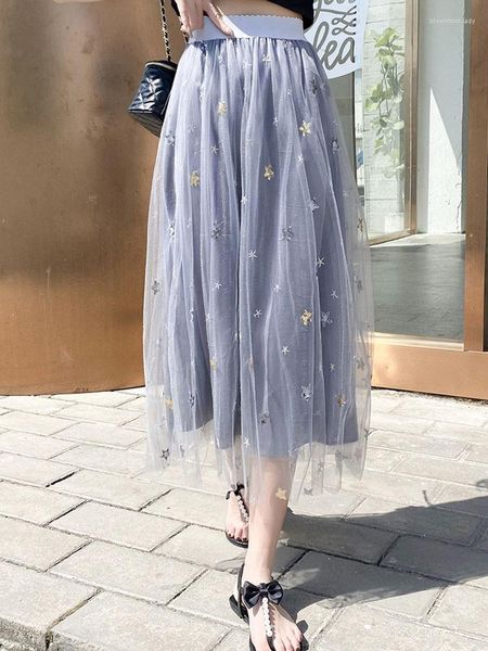 Gonne Gonna in tulle Ricamo vintage da donna Elastico Vita alta A-Line Maglia pieghettata femminile Midi