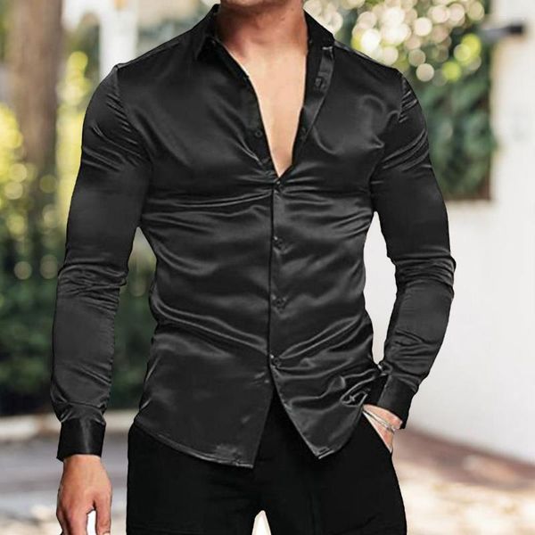 Camisas casuais masculinas Men camisa de cetim de cor sólida colar de colarinho comprido Botões formais de peito único Cardigan baile macho