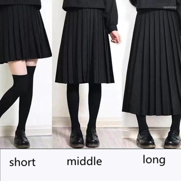 Giyim Setleri Kızlar Okulu Üniforma Siyah Pileli Etek Kısa/Orta/Uzun Düz Renkli JK Elastik Bel Yüksek Elbise Genç İçin