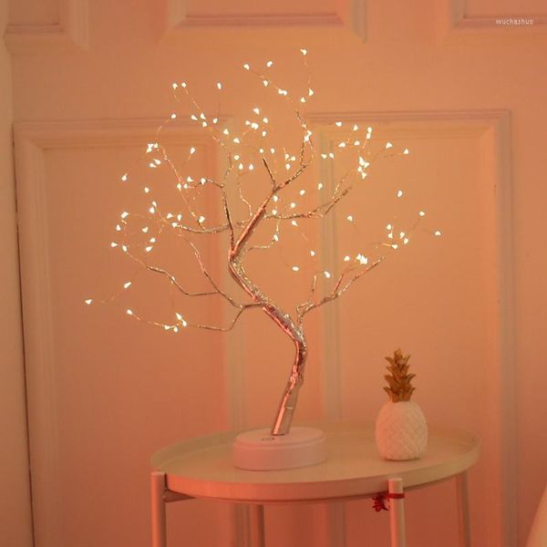 Lampade da tavolo Lampada albero delle fate Batteria/USB Filo di rame LED Fuoco Mini Scrivania decorativa Luce notturna Casa Camera da letto Regali Decorazione natalizia