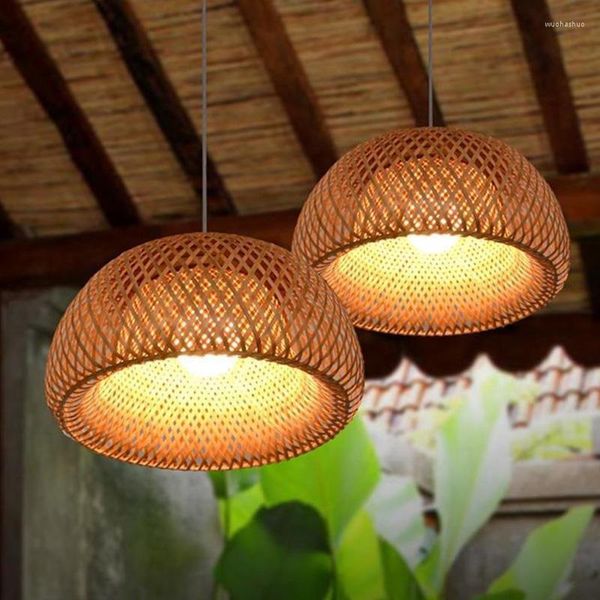 Lâmpadas de lâmpadas pendentes Lâmpada de vime com lâmpada de bulbo Bamboo lustre japonês estilo retro cafe sala de chá barra de salão jardim quarto