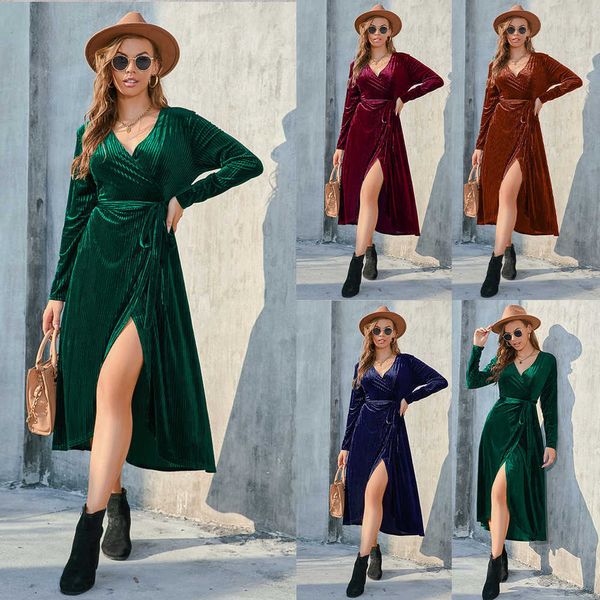 Partykleider Mandylandy Frauen Herbst Winter Samt Flanell Rippen Bandage Abendkleid Mode Lässig Langarm V-ausschnitt Gürtel Schlitz Kleid T220930