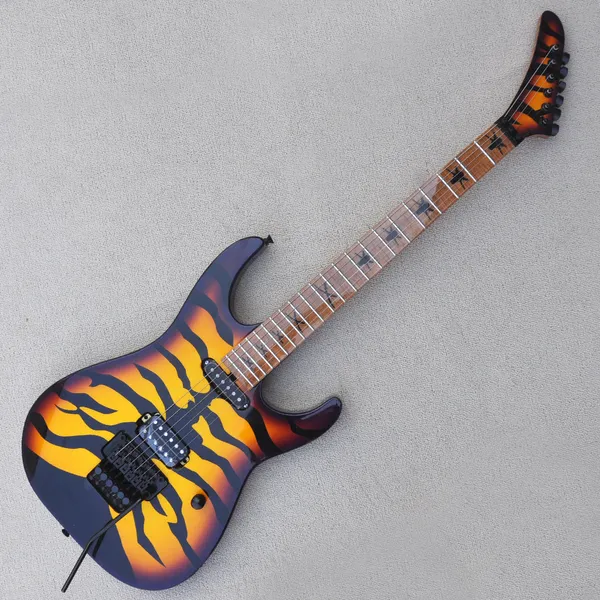 Factory Custom Sunburst E-Gitarre mit Tiger Strips-Aufkleber Griffbrett aus geröstetem Flammenahorn Double Rock Bridge SH-Tonabnehmer können individuell angepasst werden