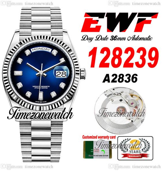 EWF DayDate 36 mm 128239 A2836 Automatik-Herrenuhr Eta D-Blaues Zifferblatt Diamantmarkierungen OysterSteel-Armband Gleiche Seriennummer Karte Super Edition Zeitzonenuhr F6