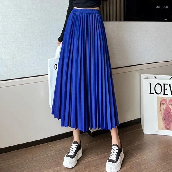 Röcke Elegante Chiffon Boho Vintage Grün Midi Rock Frauen 2022 Frühling Sommer Gefaltete Lange Elastische Hohe Taille Blau