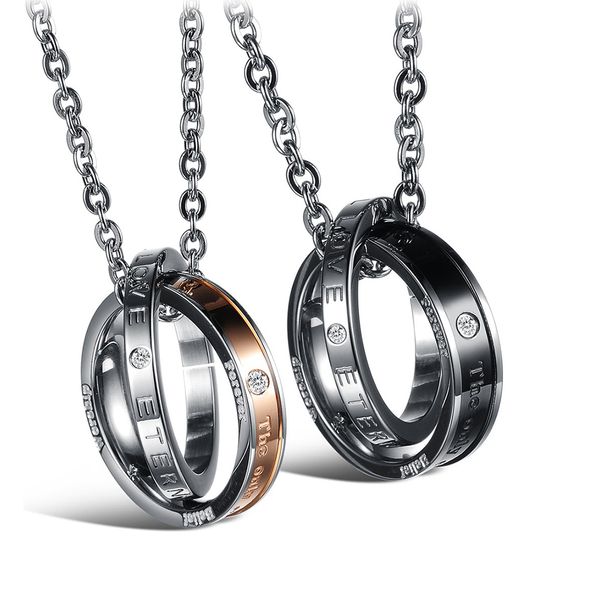 Klassische Doppelkreis-Paar-Anhänger-Halskette aus Edelstahl, 14 Karat vergoldeter Titanstahl, Liebhaber-Verlobungsschmuck