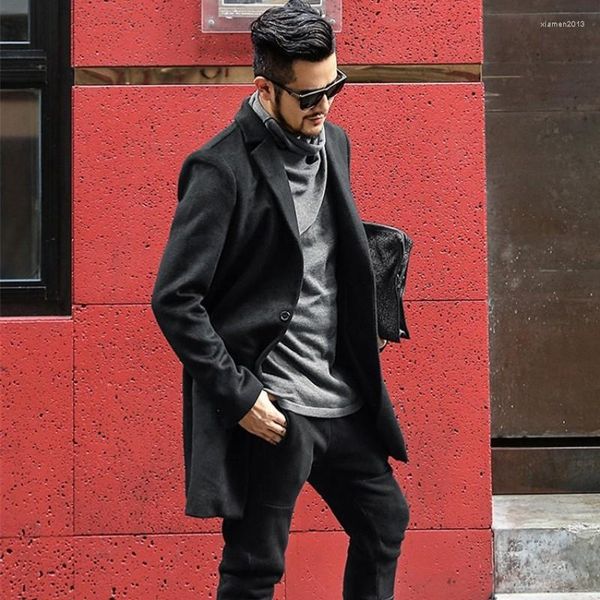 Trench da uomo stile inglese Cappotto da uomo in lana di cashmere da uomo Streetwear Cappotto sottile casual da ufficio con un bottone Autunno Inverno Formale nero