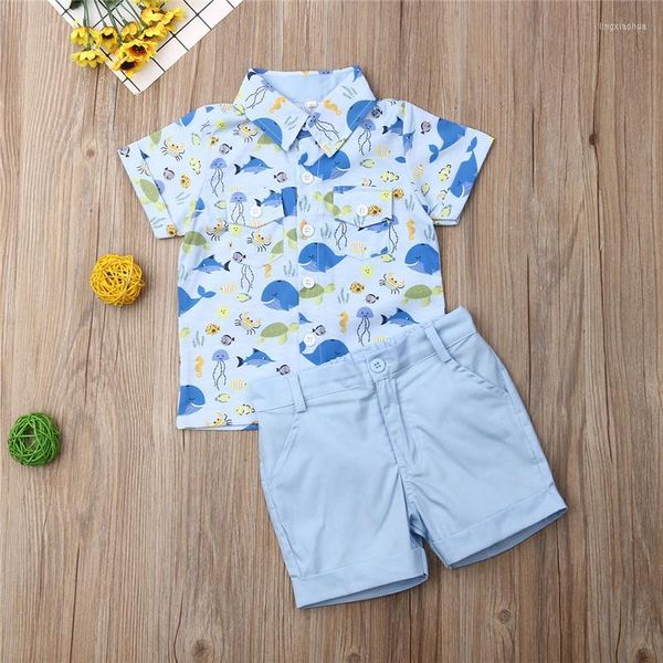 Kleidungssets 1–5 Jahre Jungen Set Wal-Quallen-Druckhemd für Ozeanwelttier-Kinderhemden Blaue Shorts-Kleidung