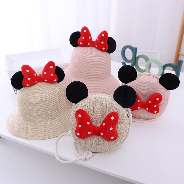 Boinas de boina desenho animado chapéu de palha adorável com mouse ouvido verão 2pcs define chapéus de sol e bolsas infantil infantil festas de praia tampa