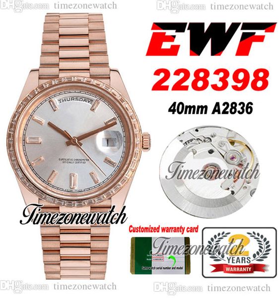 EWF V2 DayDate 228398 A2836 Автоматические мужские часы RG Diamonds Bezel Silver Baguette Diamond Dial Bracelet Tome Serial Card Super Edition TimezoneWatch G7