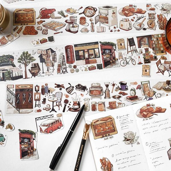 Confezione regalo 1PC Sketch Travel Memory PET Sticker Coffee Shop City Street View Adesivi decorativi Etichetta fai da te per il diario di Scrapbooking