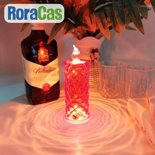 Luci notturne Candela di cristallo Lampada da tavolo a luce ambientale a LED Illuminazione diottrica rosa per cena in camera da letto, incontri, feste di nozze