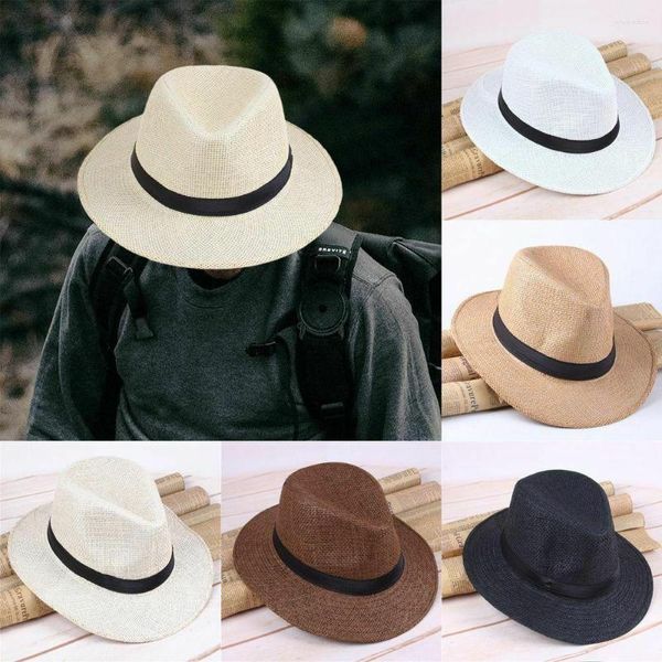 Cappelli a tesa larga Moda Zomer Casual Unisex Spiaggia Grote Rand Jazz Zonnehoed Panama Hoed Papier Stro Vrouwen Mannen Cap Met Zwart Lint