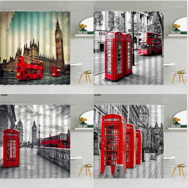 Tende da doccia Edificio di riferimento Cabina telefonica rossa Tenda per autobus 3D Londra Architettura retrò Big Ben Decorazioni per il bagno Forniture di stoffa