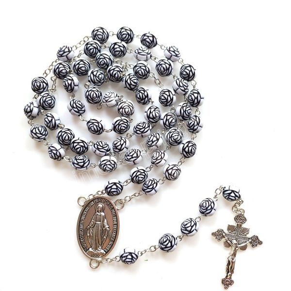 Collana con rosario con croce nera e perline di plastica, gioielli lunghi religiosi cattolici da donna