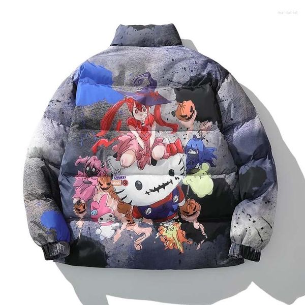 Männer Unten HIP HOP Cartoon Doodle Winter Jakect Männer Streetwear Bunte Gedruckt Übergroßen Warme Mäntel Liebhaber Verdicken Winddichte Parkas