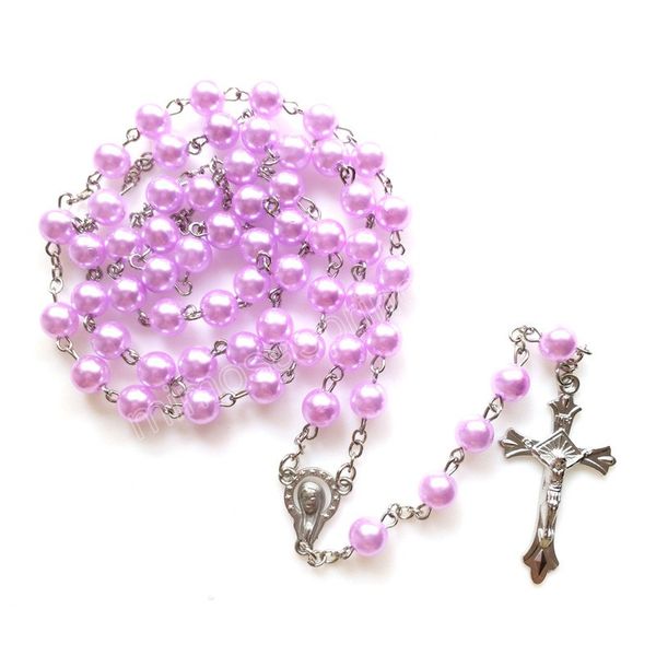 Фиолетовая имитация жемчужина розариальные ожерелье Акриловые бусины Страны Лонд Иисус Крест подлолив для женщин Религиозные украшения