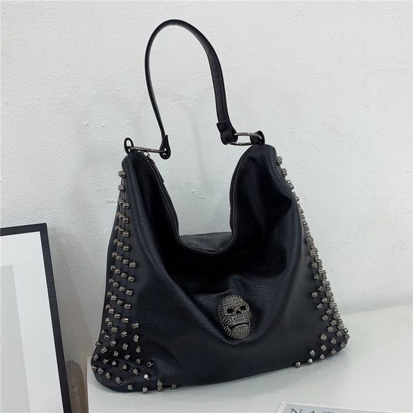 Borse da sera Punk Skull Donna Spalla Borsa da donna di grande capacità Rivetto moda Borsa da donna in pelle PU nera Borsa a tracolla grande da donna