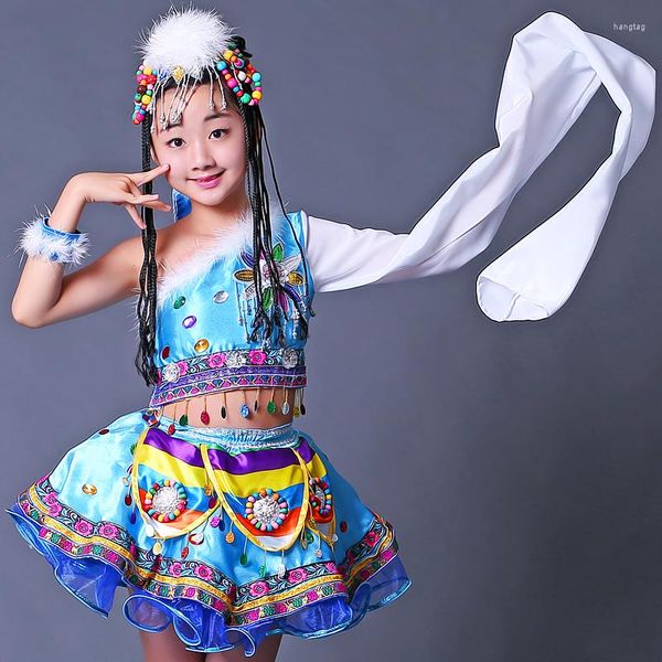 Bühnenkleidung, tibetische Kinderaufführungskleidung, Minderheitenrobe, Tanzärmel, mongolische Mädchen