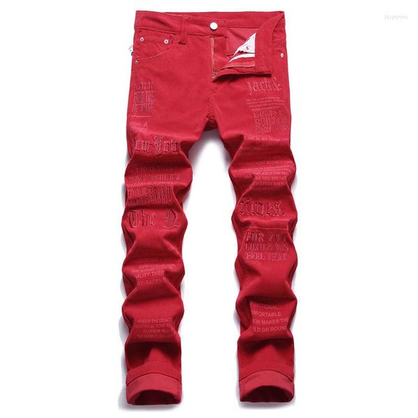 Jeans masculino bordado bordado punk vermelho elástico jeans de outono calças de veludo cotelas de mola casual slim fit