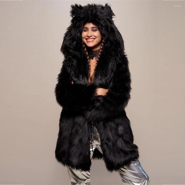 Женский мех 2022 Зимний фальшивый пальто с длинными рукавами с толстым теплым тонким курткой леопардовый принт подиум