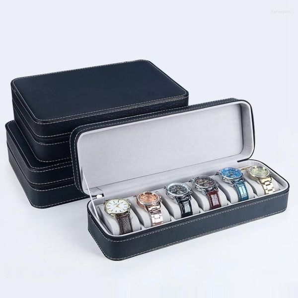 Scatole per orologi 12 slot Box Stand Men Portable Zipper Display Case Holder Storage Faux Leather Gift Jewelry Black