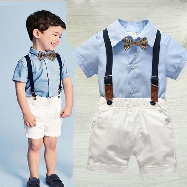 Kleidungssets Set Baby Boy Bow Shirt Geburtstag Formales Kostüm Summer Born Short Sky Blue Top Weiße Hosenträger Outfits 1-4 Jahre