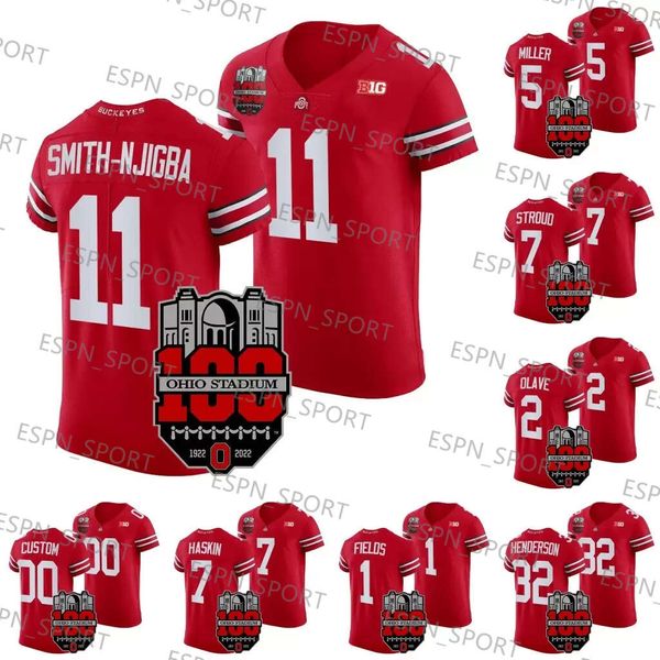 American College Football Wear Ohio State Buckeyes Jaxon Smith-Njigba Jersey 1922-2022 Elite Football 100º ano de aniversário Patch Justin Fields Joey Chr