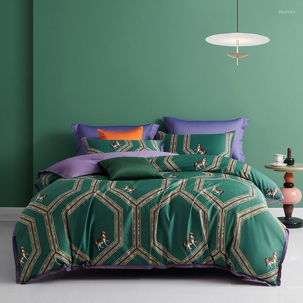 Set di biancheria da letto stampato in cotone egiziano con bordo stretto e piccolo, copripiumino, federa, lenzuolo piatto con angoli