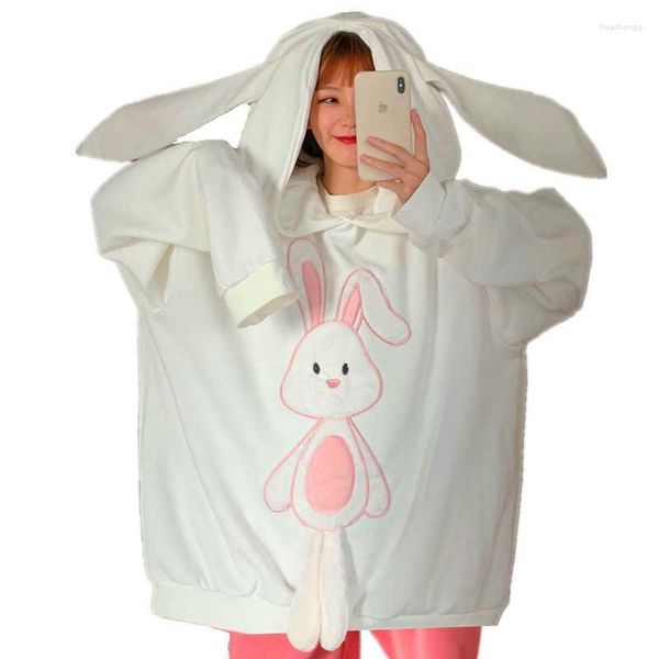 Kadın Hoodies Sonbahar Kış Japon sevimli lolita tarzı kızlar kawaii büyük uzun kulaklar kapüşonlu büyük boy peluş nakış sweatshirt