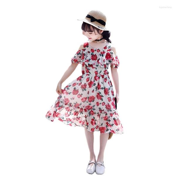 Abiti da ragazza Abito per bambini per la festa nuziale Chiffon con spalle scoperte Abbigliamento per bambini Festa bohémien Stampa floreale per adolescenti Increspatura estiva