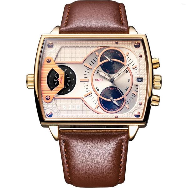 Orologi da polso di marca 6.11 orologio quadrato grande da uomo multifunzione al quarzo doppio fuso orario cinturino in pelle Relogio orologio sportivo militare maschile