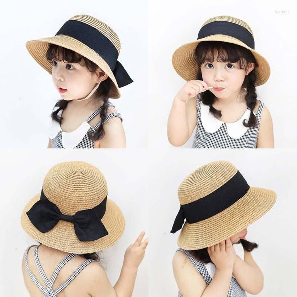 Şapkalar Yaz Kids Bowknot Straw Fedora Şapka Çocuklar Visor Beach Sun Cap Bebek Bebekler Geniş Brim Dispy Panama Aksesuarları