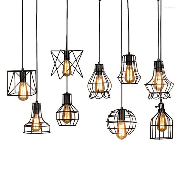 Подвесные лампы скандинавские промышленные черные клетки из кованого железа с по умолчанию 120 -см шнур висят световые светодиоды E27 Edison Lames Lights