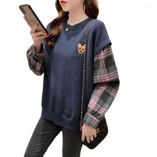 Damenpullover QPFJQD Eleganter Damen-Plaid-Strickpullover für Damen, täglicher Streetwear, lockerer Schweiß, Cartoon-Hund-Stickerei-Pullover