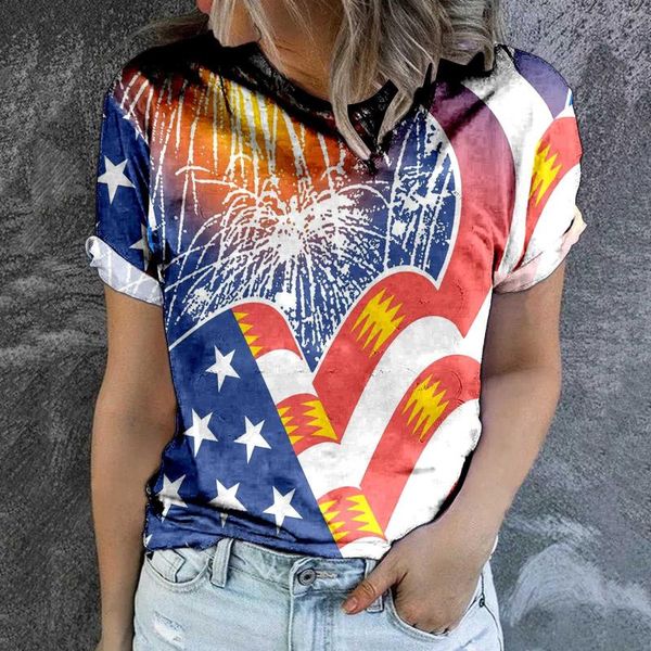 Camisas femininas camisetas femininas Americana Camisa de manga curta Round Round USA Independence Day 4 de julho Top Summer Loose Fit