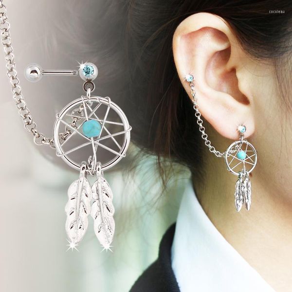 Saplama Küpe Küpe Dangle Dream Catcher Paslanmaz Çelik Piercing Bar kristal taşlarla kulak zinciri nikel içermeyen klasik moda takı