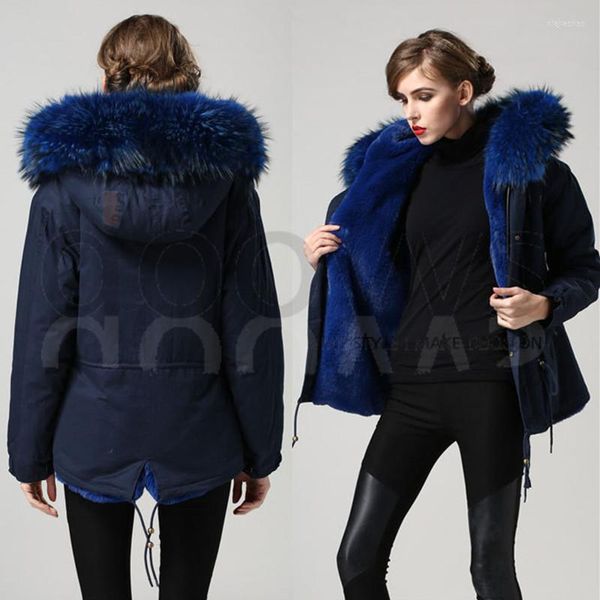 Kadın Kürk Mavi Sıcak Kış Mrs Coat Parka, Büyük Gerçek Rakun Yakası Ceket Kaputu Dış Giyim Fabrika Fiyat Üreticisi