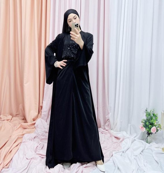 Etnik Giyim Eid 3 Parça Kadın Müslüman Setleri Hicab Türkiye Kıyafet Açık Abaya Kimono Kayma Elbiseler Sarma Ön Maxi Etek Dubai Suudi İslam