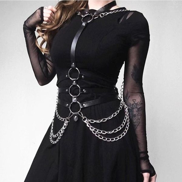Gürtel Einstellbare Bondage Holographische Metallkette Harness Gürtel Sexy Frauen Leder Gothic Harajuku Halter