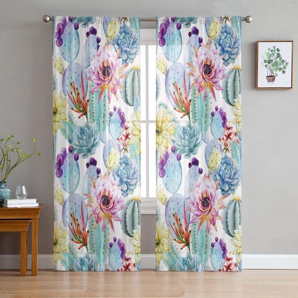Cortina de cortina cacto de flor das cortinas de tule para cortinas de sala de estar decoração de quarto moderno
