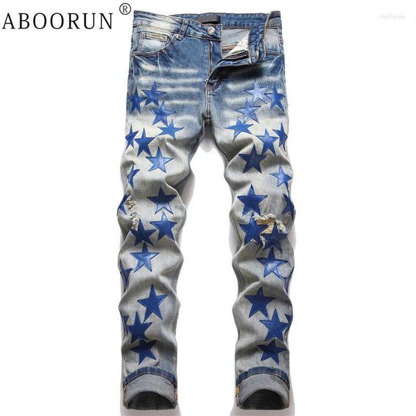 Herren Jeans ABOORUN Streetwear PU Pentagramm Männer Punk Ripped Hole Denim Hosen Hip Hop Jogger Hose