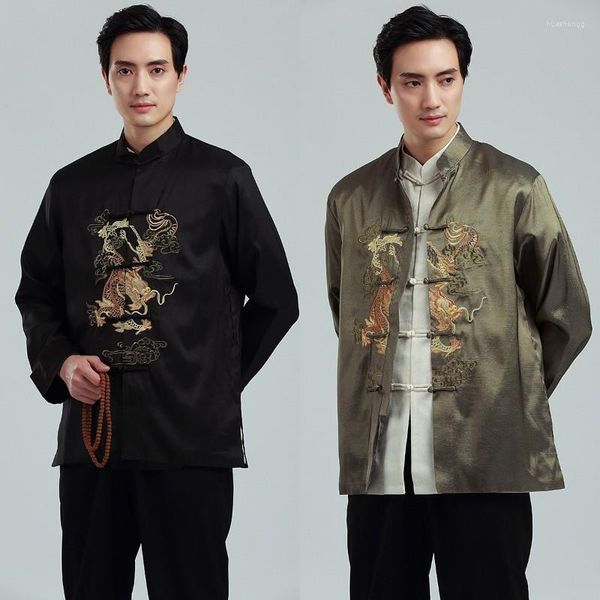 Herrenjacken Herren Männlich Satin Outwear Chinesischen Stil Stickerei Drachen Jacke Männer Zweireiher Mantel Chaquetas HombreMen's