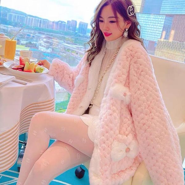 Casaco Faux Faux, rosa de pele feminina 2022 Casa de couro quente de couro quente Manga longa Russa girl russa Designer de moda