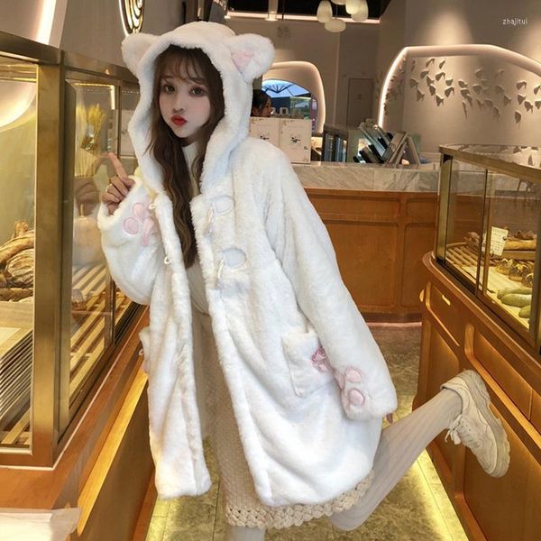 Damen Pelz Damen Faux Japanische Kawaii Lolita Teddyohren Mit Kapuze Weiche Mädchenjacke Künstliche Warme Herbst Winter Mädchen Wollmäntel