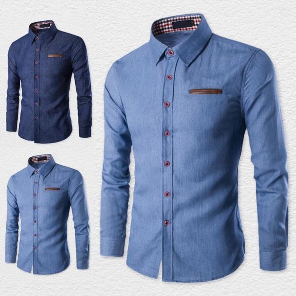 Camisa casual masculina camiseta elegante lapelas de manga comprida tops jeans de jeans para namoro