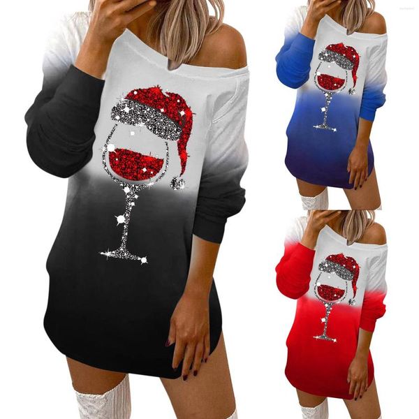 Com moletom feminino vestido de Natal Mulheres casuais o pescoço fora do ombro de manga longa de vidro de vinho tinto de vinho estampado vestidos