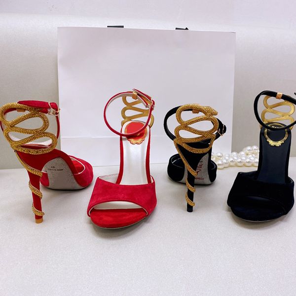 Sandálias para femininos sapatos de vestido moda moda entrelaçada dourada em forma de snake snake snake shoe designer de sapatos de decoração de 9,5 cm de altura sandália 35-43