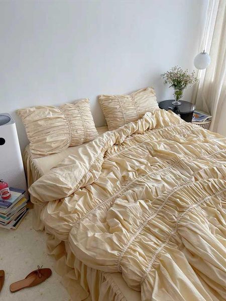 Bettwäsche-Sets im koreanischen Stil, einfacher Bettbezug, handgefertigt, Blasenfalte, reine Baumwolle, 4-teiliges Set, Prinzessinnen-Heimtextilien
