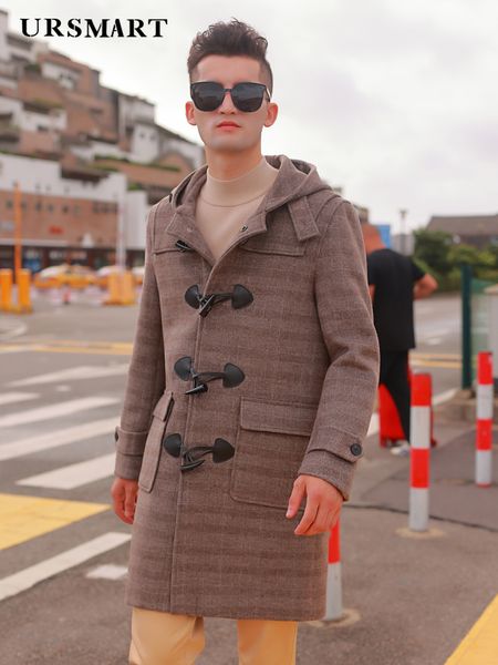 L￣ de l￣ masculina Blowed Button Blowed Wood Tweed Coat Men's Winter Horded English Check Casual Masculino Casual 220930